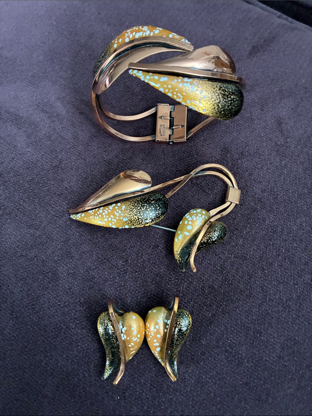 1950’s Matisse Renoir Copper Enamel Leaflet parure set.